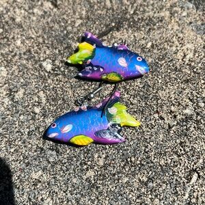 Carved and painted fish earrings